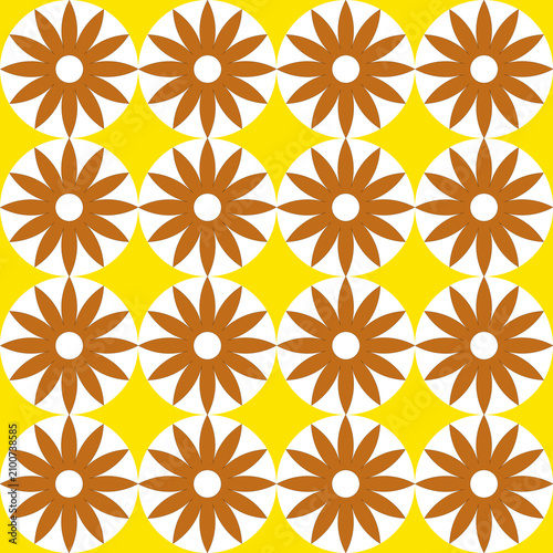 Yellow and brown vintage floral seamless pattern, geometric sunburst flower background.