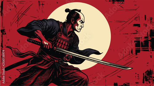 Fotografie Samurai Warrior with Katana Vintage Engraved Japanese Poster Style Vector Illust
