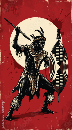 Zulu Warrior with Iklwa Spear and Shield Vintage Tribal Poster Vector Illustration