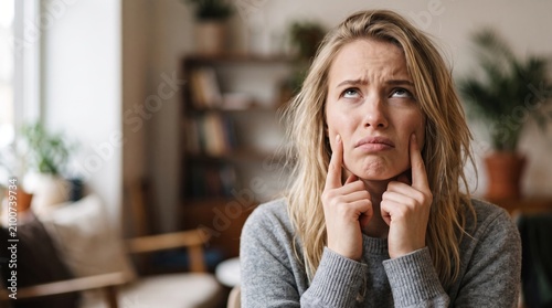 Frustrated blonde woman rolling her eyes with an annoyed expression indoors, expressing boredom and disbelief