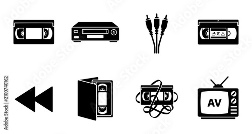 Foto Retro media icons: VCR, VHS tapes, cables, rewind, TV, for vintage technology co