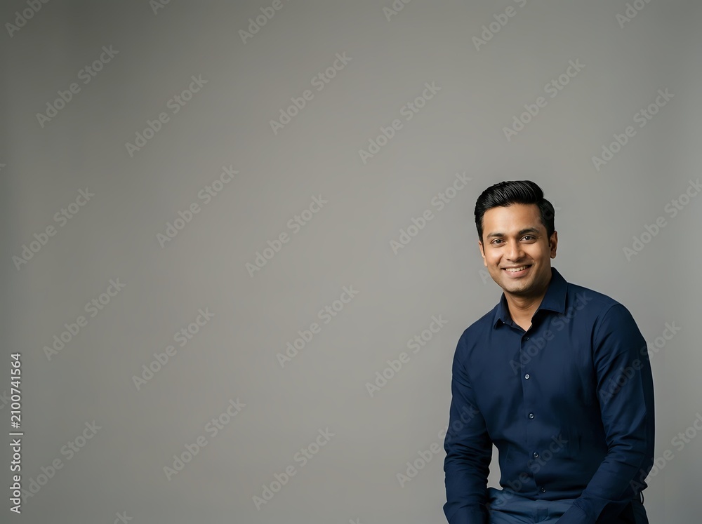 Obraz premium Portrait of a confident man in a blue shirt against a plain background