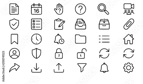 Essential Productivity UI Thin Line Icons with Document Calendar Search Video and Check Vector Set