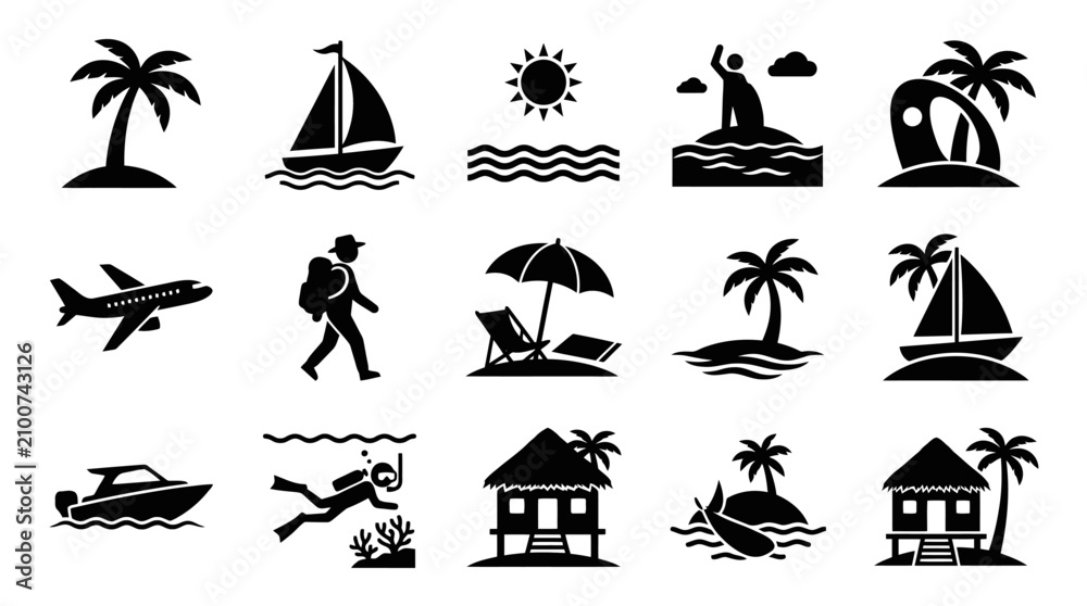 Obraz premium Black icons of tropical travel vacation.