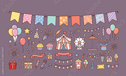 Collection of Hand-Drawn Doodle Style Party and Celebration Elements on Light Blue Background