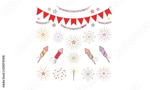 Collection of Hand-Drawn Doodle Style Party and Celebration Elements on Light Blue Background