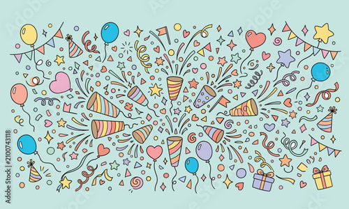 Collection of Hand-Drawn Doodle Style Party and Celebration Elements on Light Blue Background