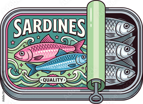 Obraz na plátne Vintage style vector illustration of an open tin can of premium canned sardines