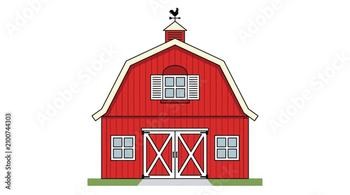 A vibrant red barn vector illustration featuring a classic roof and a decorative rooster weather vane