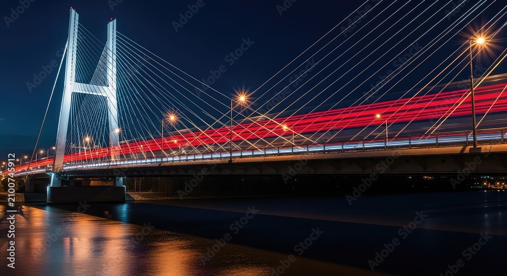 Obraz premium Vibrant light trails from moving traffic flow across a modern suspension bridge at night, with glowing cables reflecting on dark river water, roadway, streaks, neon
