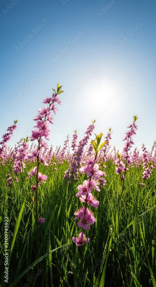 Obraz premium Vibrant meadow filled with delicate pink blossoms swaying in a gentle breeze under a clear blue sky during a warm and sunny spring morning, nature, fresh, morning