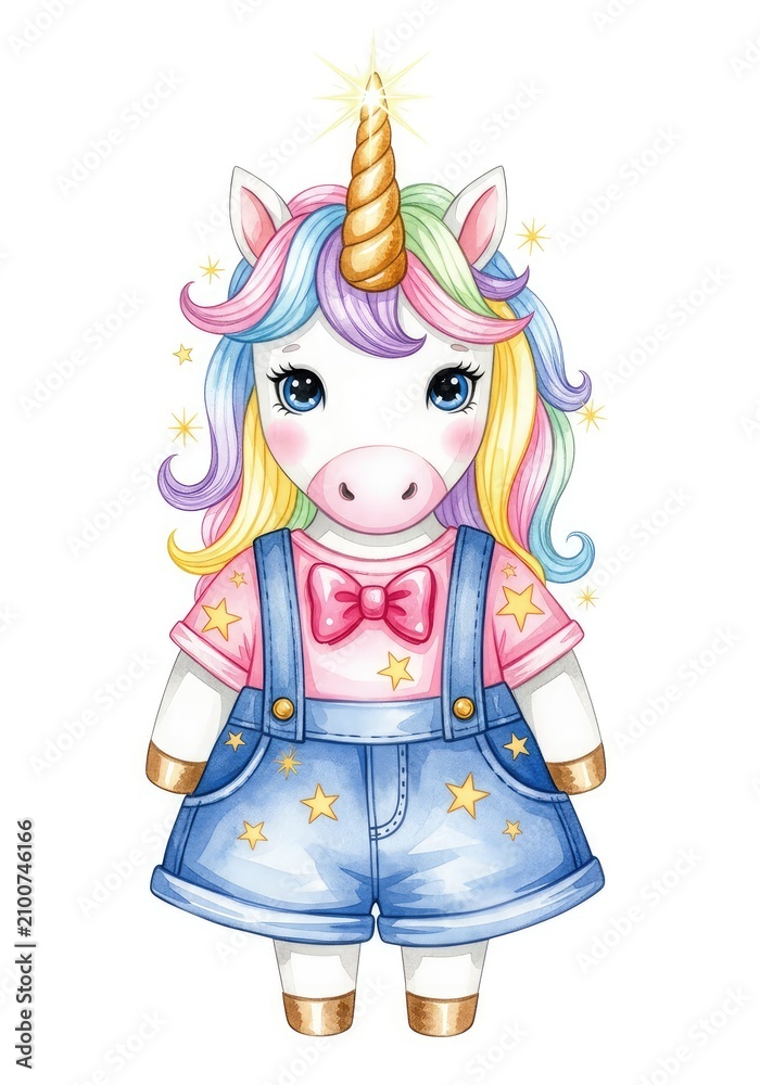Fototapeta premium Whimsical watercolor illustration featuring a cute unicorn with a shiny gold horn, soft pastel mane, and sparkling stars on white background, stars, creative, painted