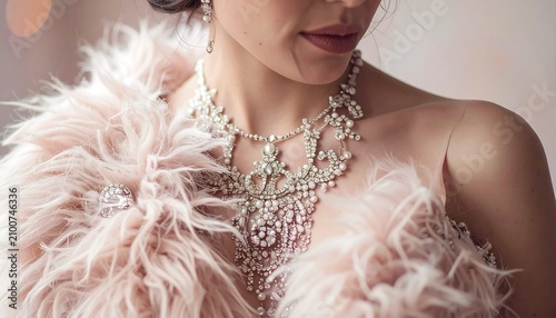 Elegant woman in vintage pearl and diamond statement necklace with soft pink feather stole for high fashion glamour