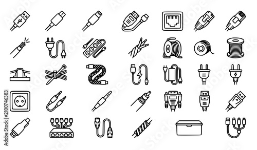 Konstfotografi Editable Wire and Cable Line Icon Pack with USB Power Network and Electrical Con