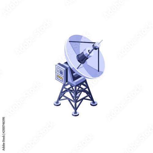 Large satellite dish antenna on metal tower structure.