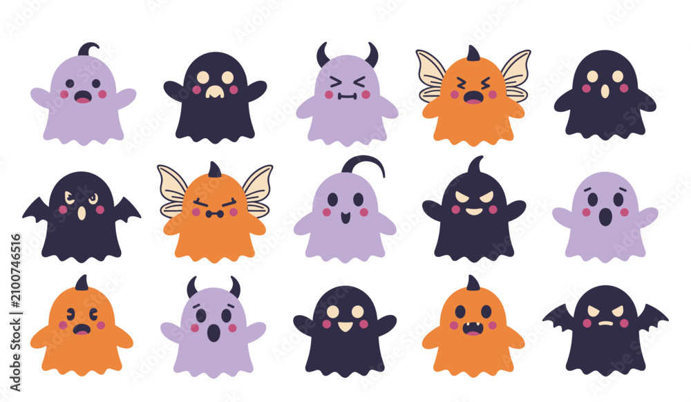 Fototapeta premium Cute cartoon ghost character sticker collection with various expressions and spooky styles halloween character creature horrific expression