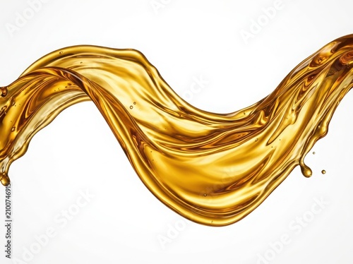 Golden yellow oil splash wave flowing in a smooth shape isolated on white background
