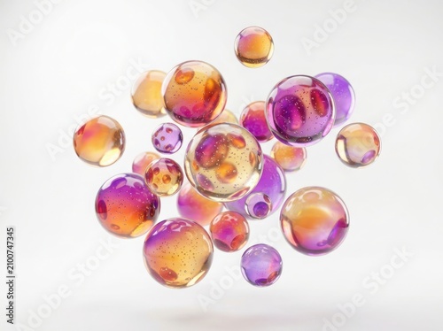 Colorful soap bubbles floating with purple and orange gradient light reflections isolated on white background