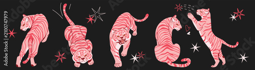 Canvas Print Cute pink tiger collection with playful poses, stars and whimsical details