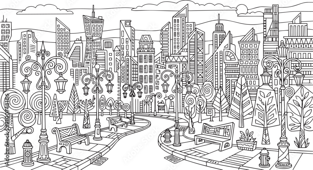 Obraz premium City landscape. Line urban backdrop, different buildings on street, doodle street draw, outline cityscape hand sketch, flat houses. Hand drawn vector illustration
