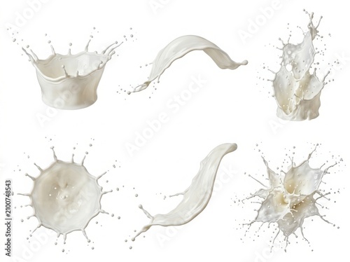 Set of milk splashes and liquid drops isolated on a simple background isolated on white background