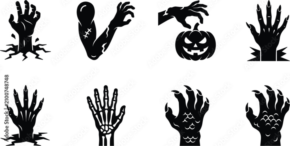Obraz premium Halloween Zombie Hand and Monster Claw Silhouette Icon Set Featuring Creepy Horror Elements and Spooky Symbols