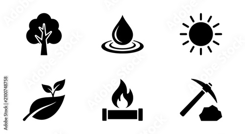 Nature Resources Icons: Tree, Water, Sun, Plant, Fire, Mining Icons Set