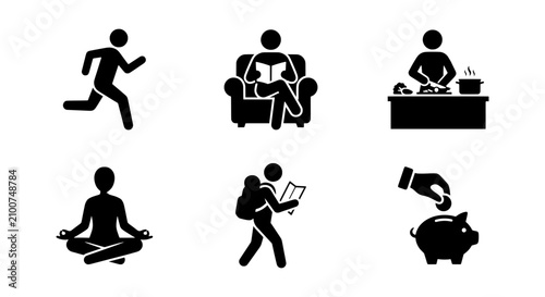 Stick Figure Icons: Running, Reading, Cooking, Meditating, Traveling, Saving Money