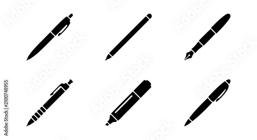 фотографія Six Black Pen Icons, Writing Instruments Set, Stationery Supplies, Office Tools