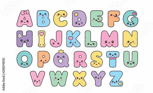 Cute Pastel Alphabet Font with Happy Faces for Kids Education and Playful Graphic Design