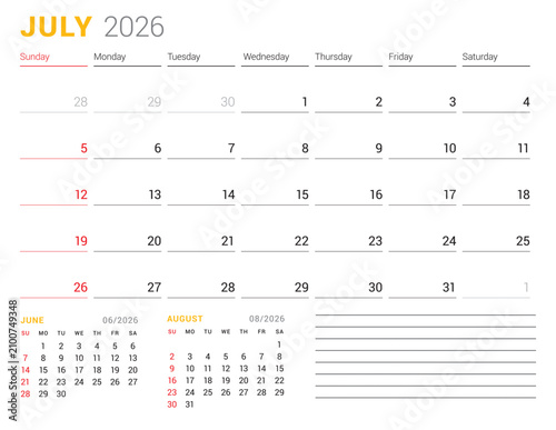 Obraz na plátně July 2026 Monthly Calendar Template for Planning and Organization provides optimal layout for structured task lists and weekly deadlines