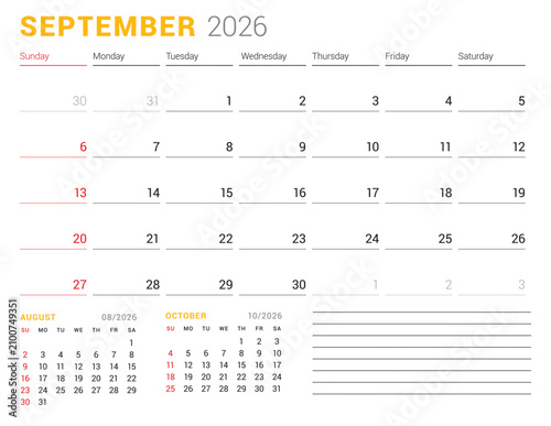 September 2026 Monthly Calendar Template for Planning and Organization improves focus and weekly task tracking with open design. Week starts on Sunday. Works well in corporate teams