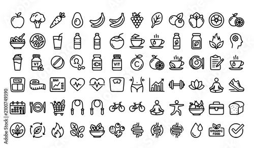 Foto Healthy Diet and Weight Management Editable Stroke Line Icons Flat Vector Illust