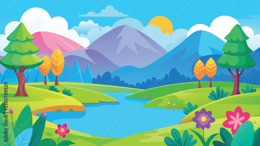 Obraz premium Vibrant landscape vector illustration with rolling hills river mountains and sun during daytime