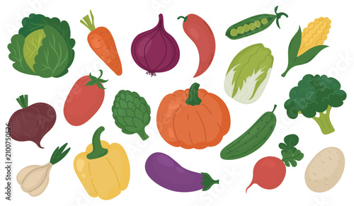 A colorful collection of fresh vegetables illustrated in a flat, cartoon style