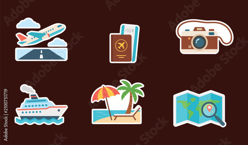Travel and tourism stickers set featuring plane passport and camera white background color black vacation passport adventure airplane magnifying white background and color black