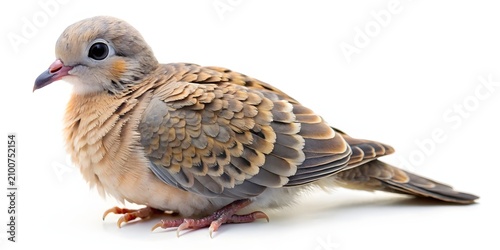 Baby dove perched calmly on white surface. Young turtledove with soft feathers and gentle expression isolated for design use.