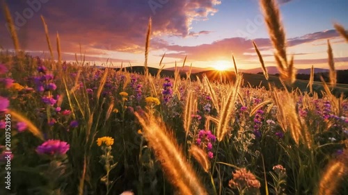 Stunning sunset over a vibrant wildflower meadow with golden wheat stalks and mountain silhouette