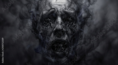 Tormented surreal face dissolving in black smoke with tiny human figures trapped in eye socket mazes, representing mental health struggles, depression, and severe anxiety.