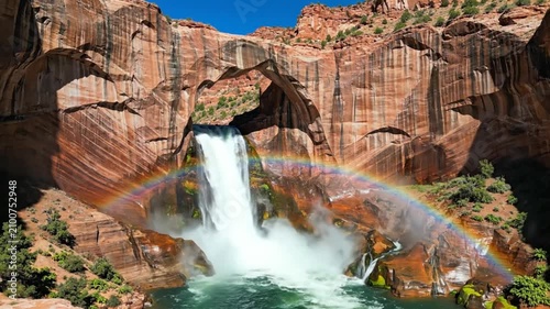 Stunning waterfall flowing through a natural rock arch with a vibrant rainbow creating a scenic landscape