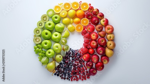 Vibrant Array of Fresh Fruits Arranged in a Heart Shape on White Background, Colorful Healthy Food and Natural Nutrition Concept.
