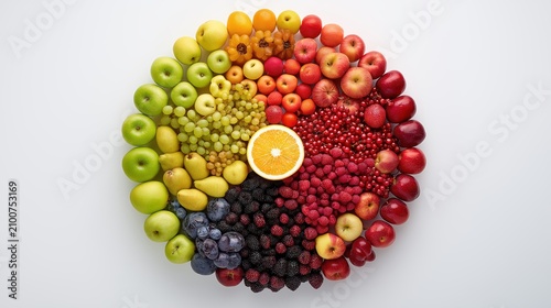 Vibrant Array of Fresh Fruits Arranged in a Heart Shape on White Background, Colorful Healthy Food and Natural Nutrition Concept.