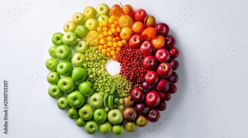 Vibrant Array of Fresh Fruits Arranged in a Heart Shape on White Background, Colorful Healthy Food and Natural Nutrition Concept.