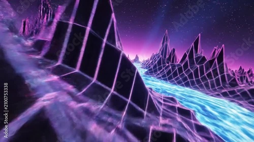 Futuristic wireframe landscape with flowing river, synthwave vaporwave aesthetic, vibrant colors and starry night sky
