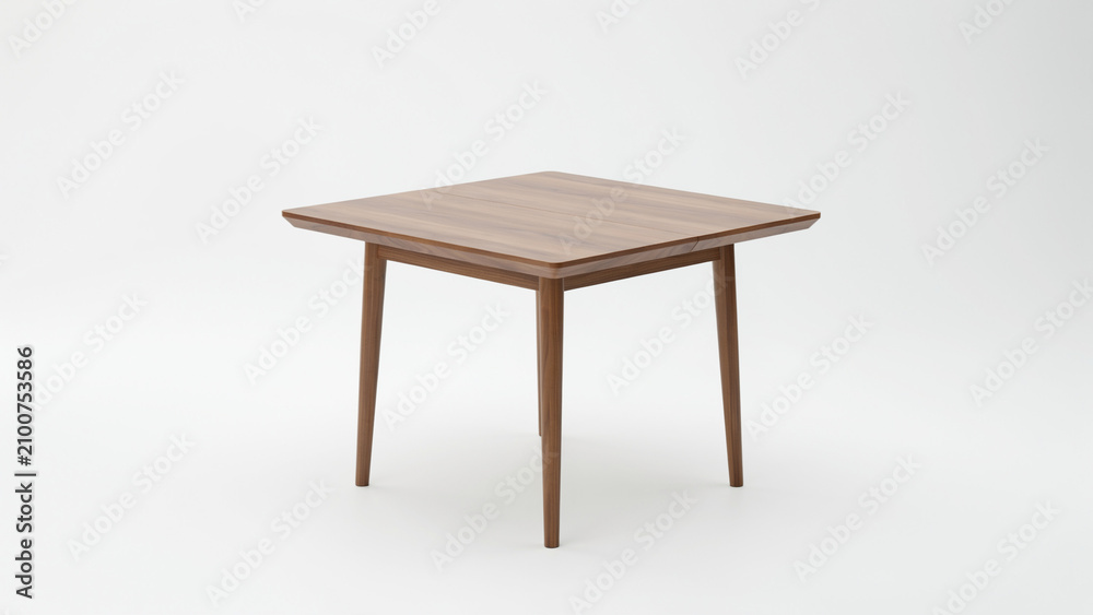 Fototapeta premium Mid century modern square walnut wood dining table with tapered legs on white background