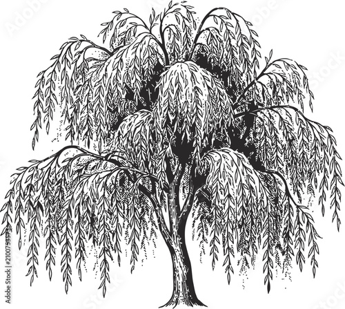 Vintage weeping willow tree vector illustration, hand drawn botanical sketch of a willow with drooping branches, classic black and white garden tree