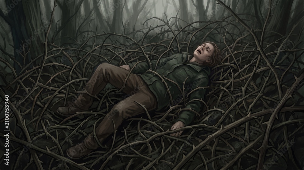 Obraz premium Anguished woman tangled in sharp thorny vines in a dark forest, conceptual illustration of chronic pain, depression, anxiety, and mental health struggle.