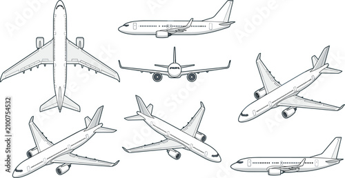 Airplane blueprint vector illustration set with commercial passenger aircraft from different angles and perspectives line art graphics