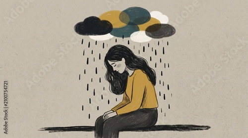 Depressed young woman sitting under a raining cloud, mental health concept representing depression, anxiety, sadness, loneliness, and emotional grief illustration.