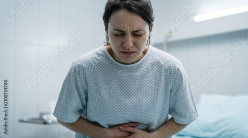 Young woman in hospital gown clutching her stomach in severe pain, grimacing from abdominal ache, medical patient suffering in clinical room.